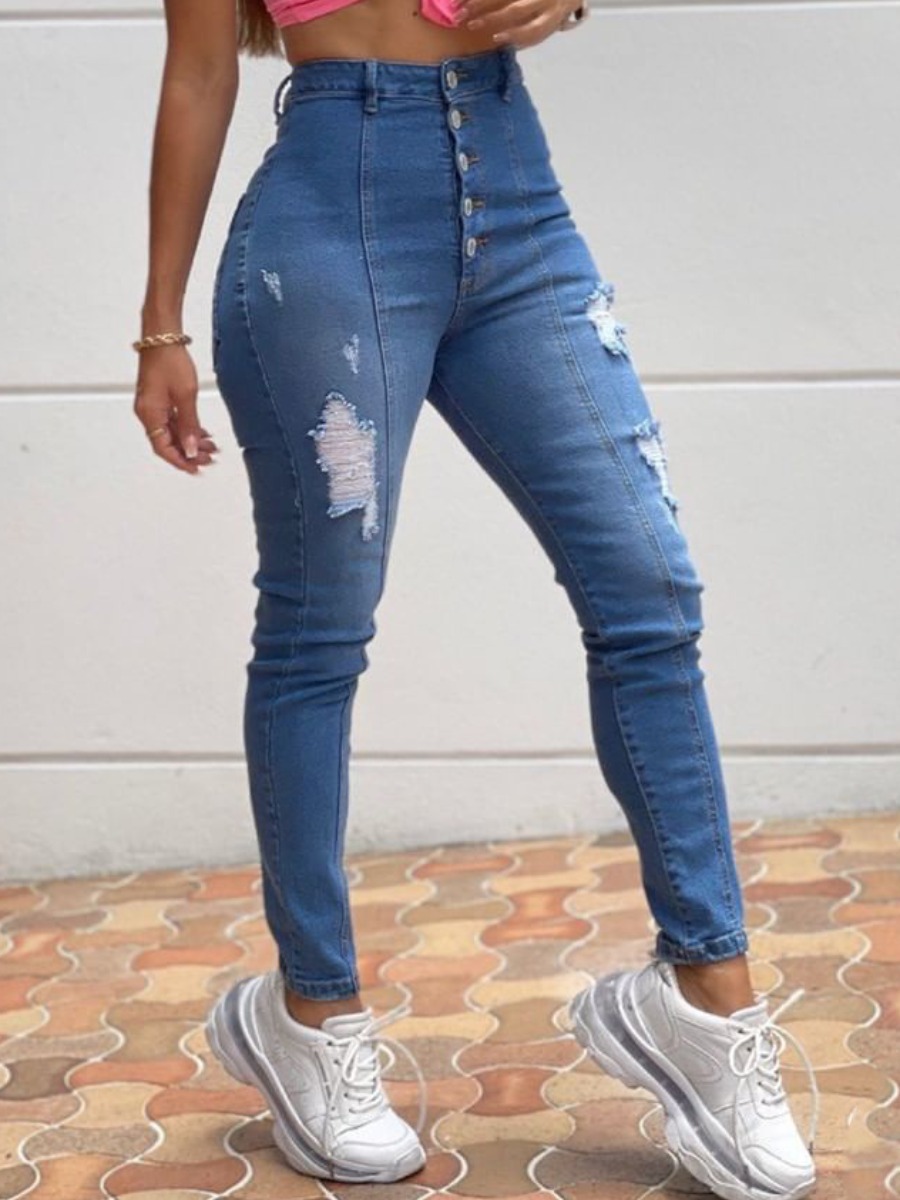 

LW Ripped Button Design Skinny Jeans, Blue