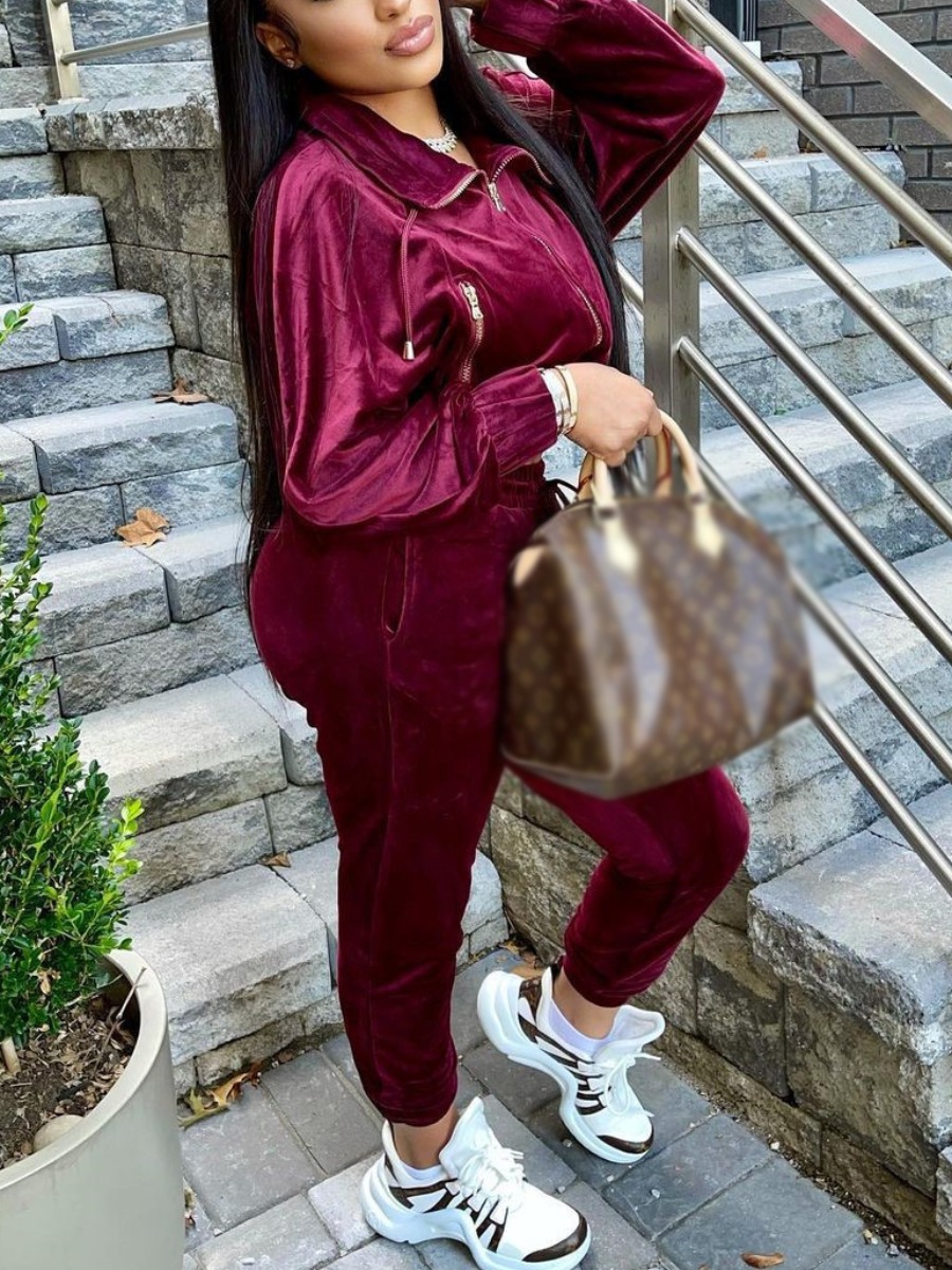 

LW Velvet Zipper Design Solid Pants Set, Wine red