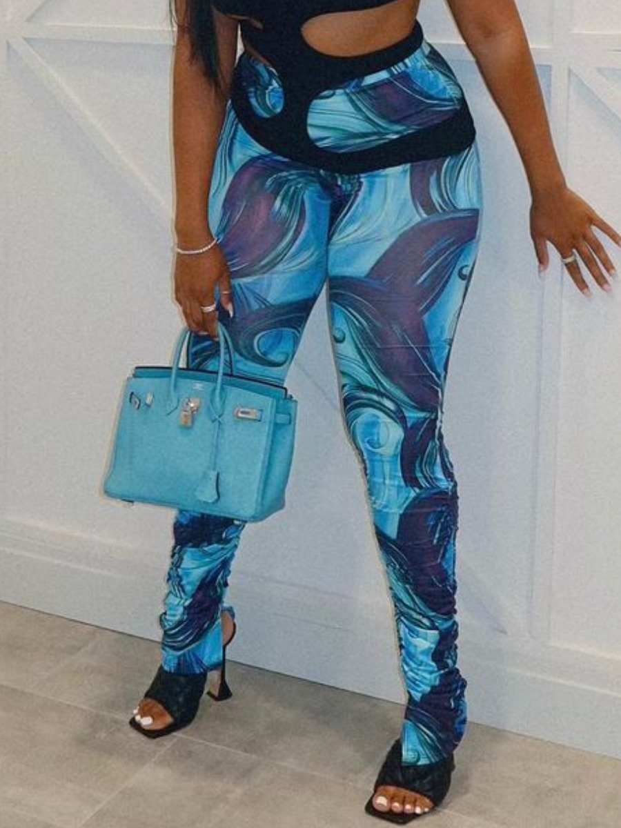 

LW Mid Waist Ruched Tie Dye Pants, Blue