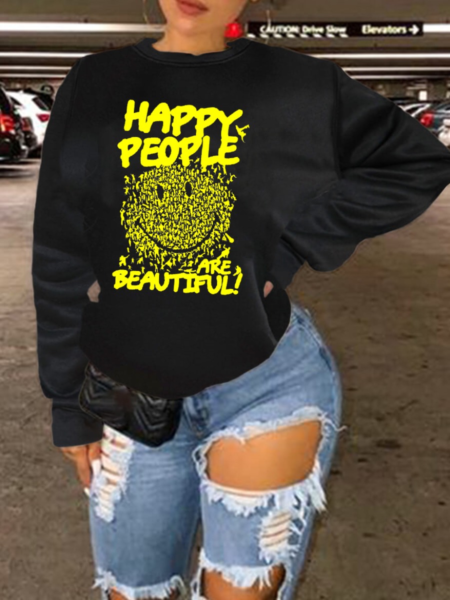 

LW Plus Size Letter Smile Print Sweatshirt, Black