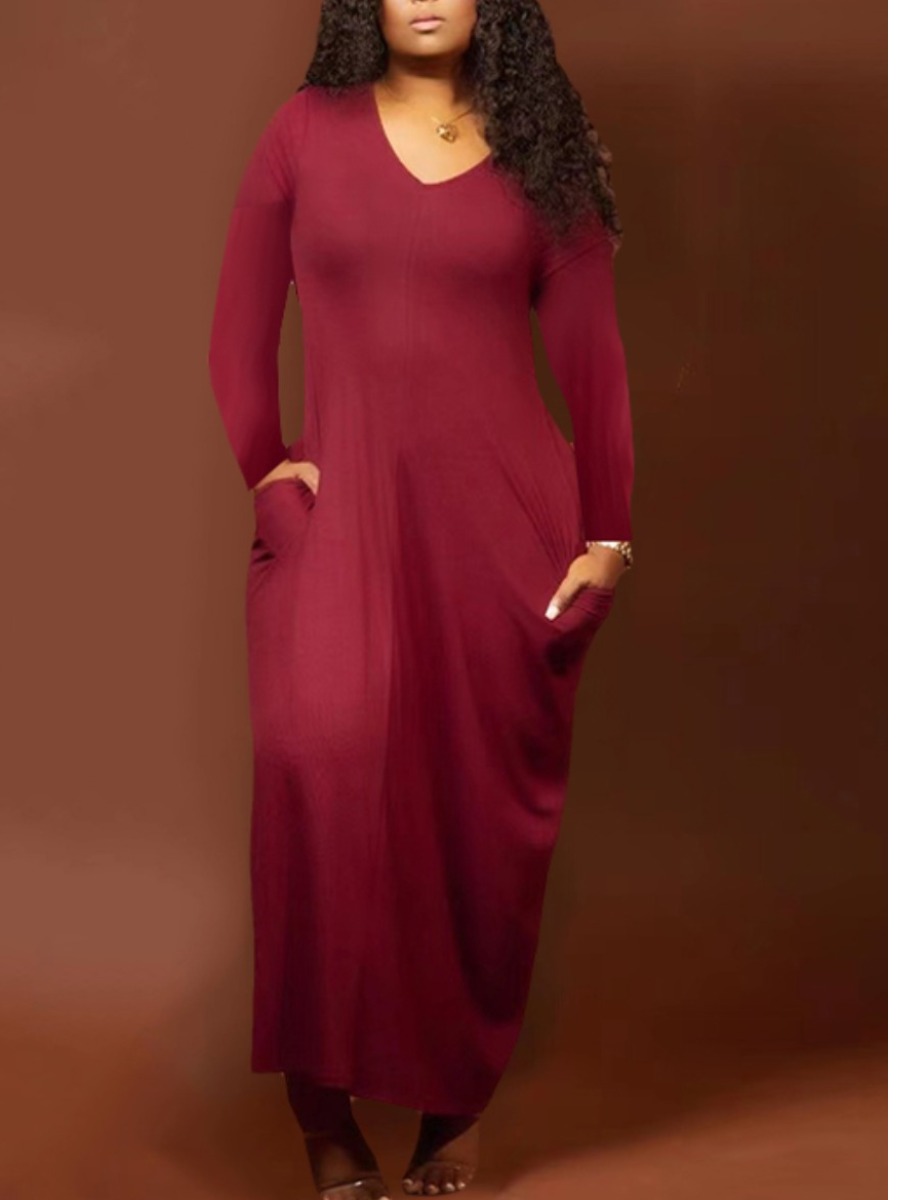 

LW BASICS Plus Size V Neck Pocket Design Dress, Wine red