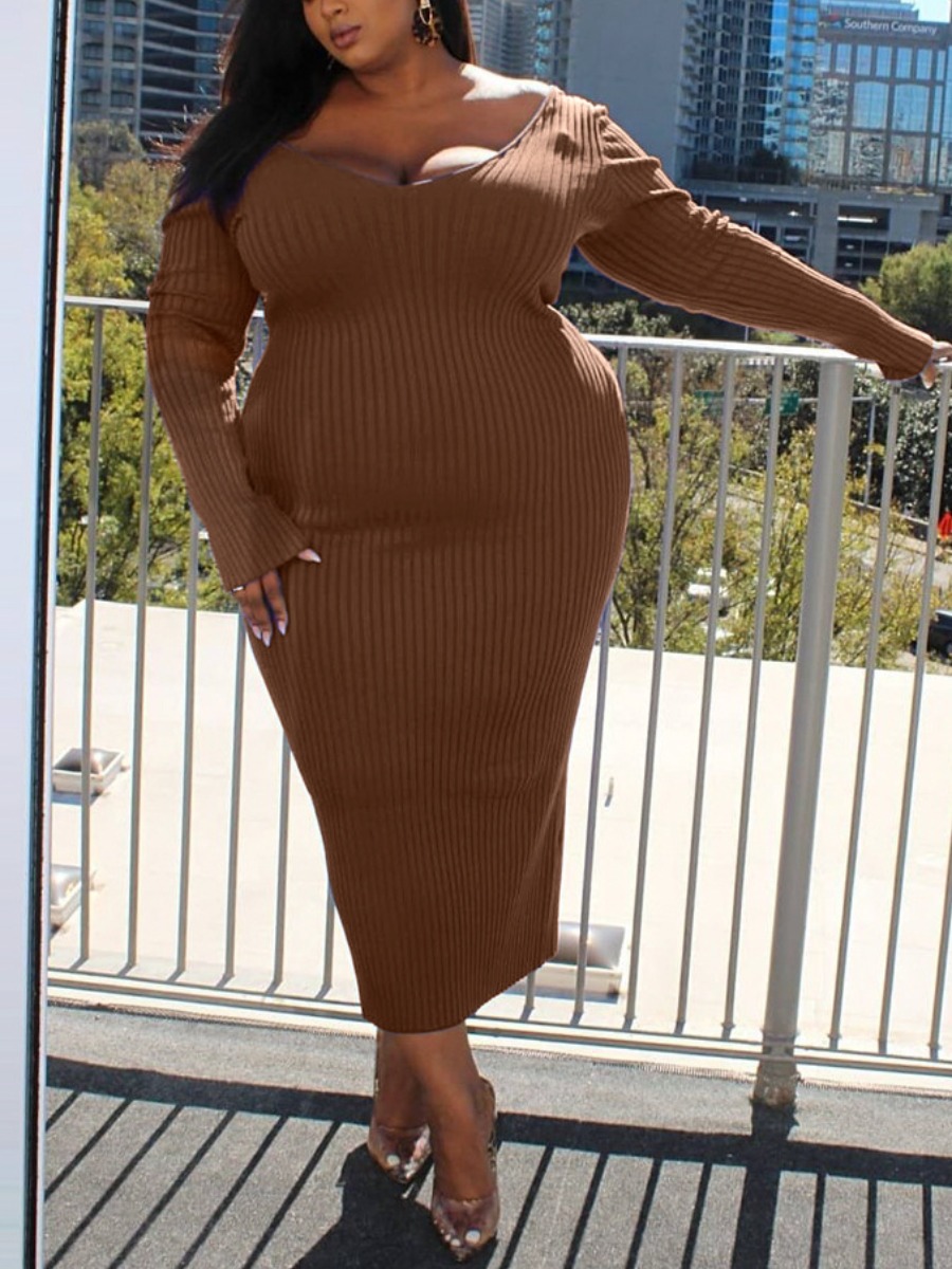 

LW SXY Plus Size V Neck Rib-Knit Bodycon Dress, Coffee