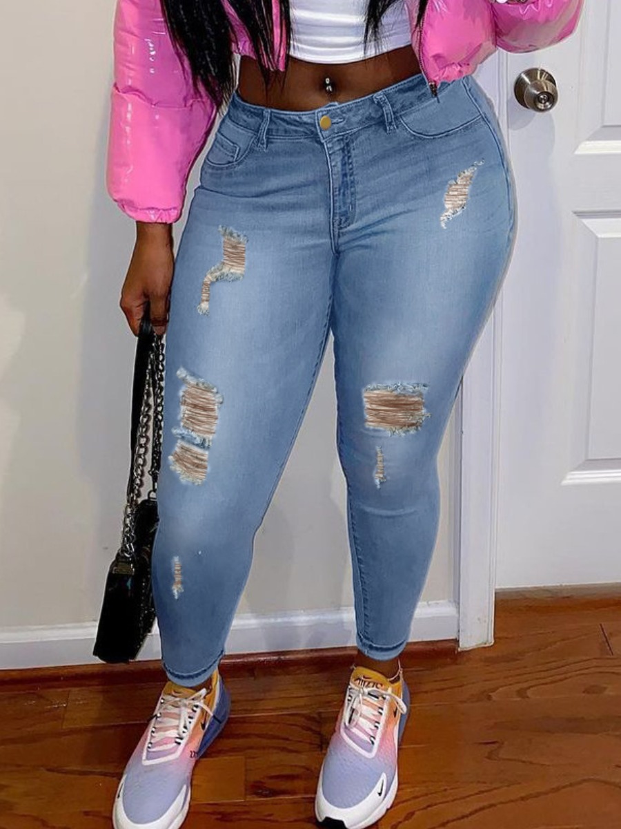 

LW Stretch Ripped Solid Skinny Jeans, Blue