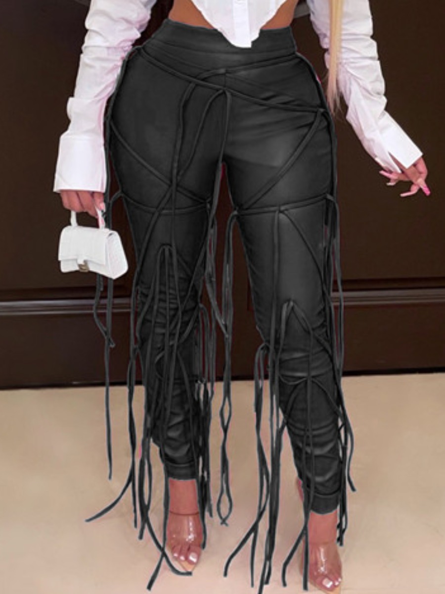 

LW Cord Tassel Design Back Zipper Pants, Black