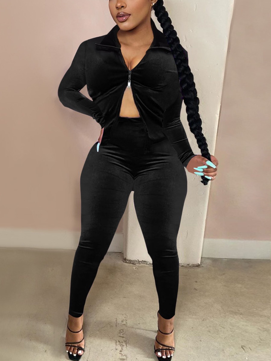 

LW Velvet Zipper Design Ruched Pants Set, Black