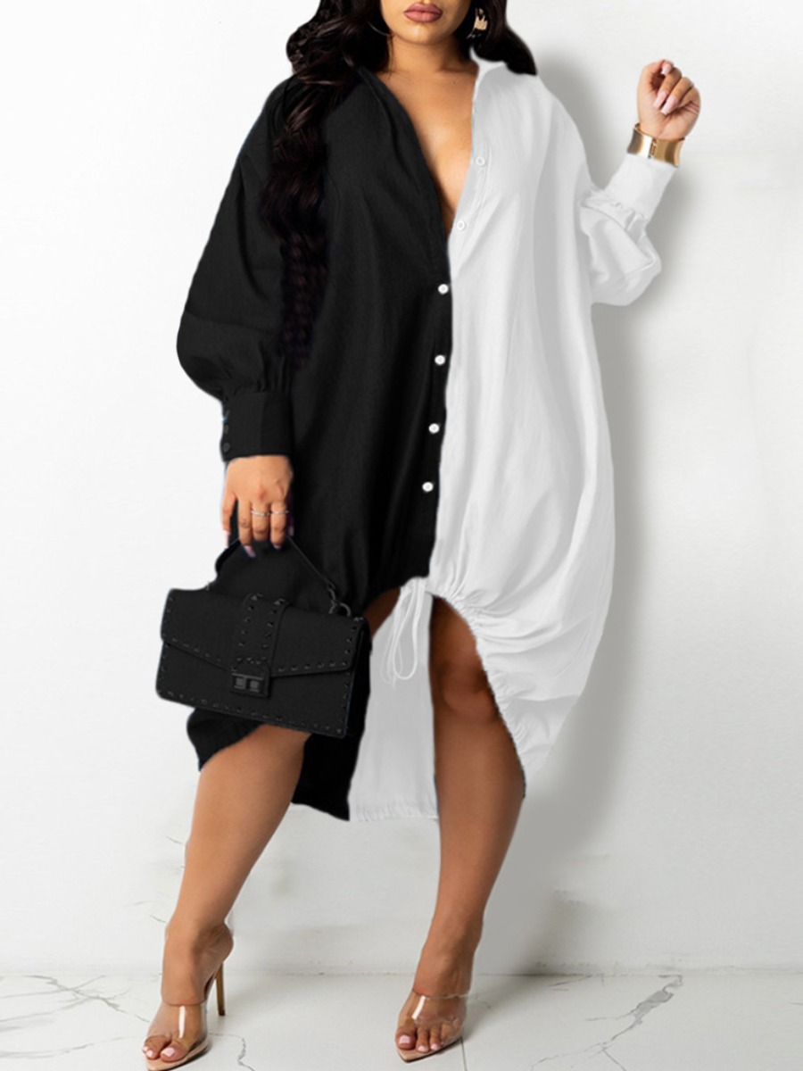 

LW Plus Size Button Design Drawstring Shirt Dress, Black