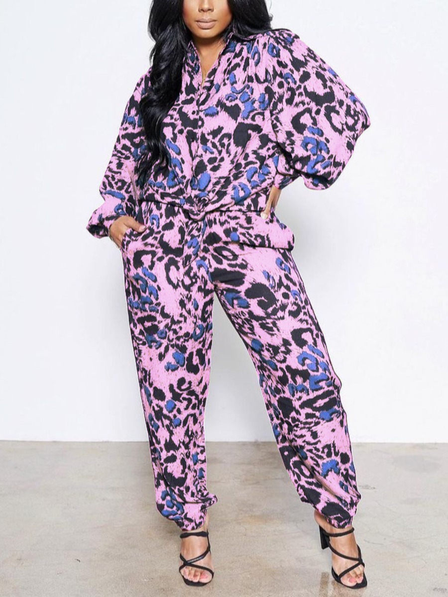 

LW Camo Animal Print Lantern Sleeve Pants Set, Purple