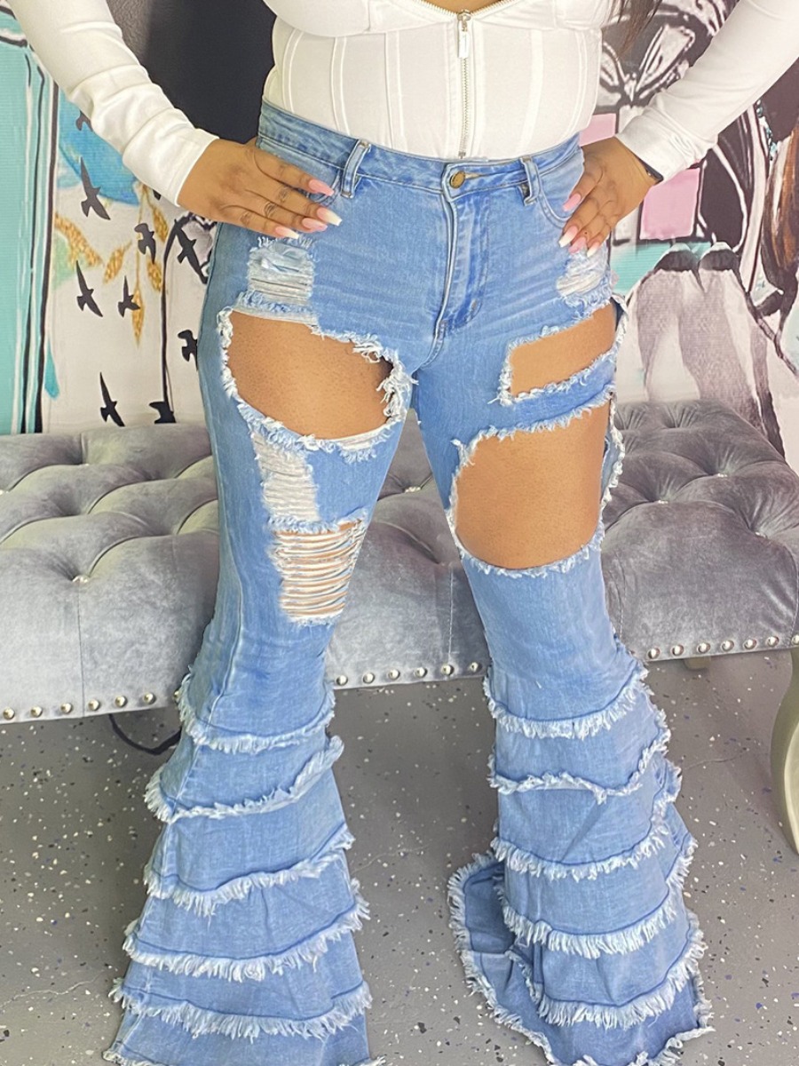 

LW High Stretchy Layered Cascading Ripped Jeans, Baby blue