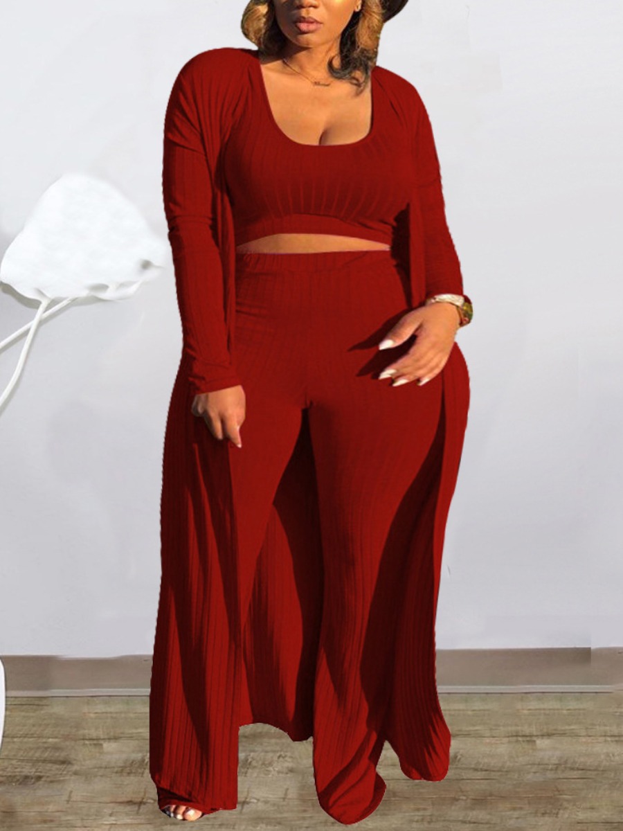 

LW BASICS Plus Size Rib Knit Crop Top Three-piece Pants Set, Wine red