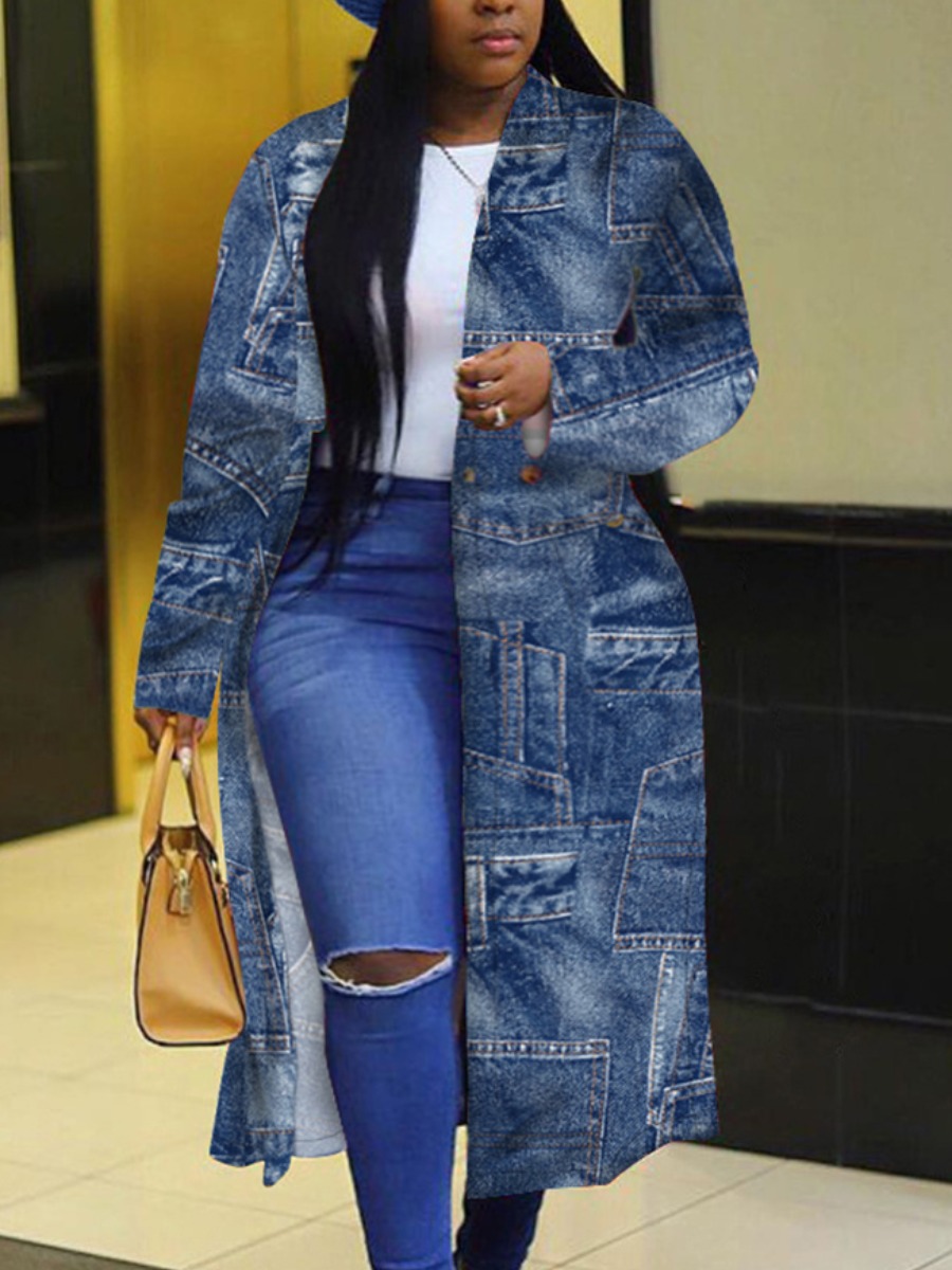 

LW Plus Size Double Breasted Patchwork Trench Coat, Blue