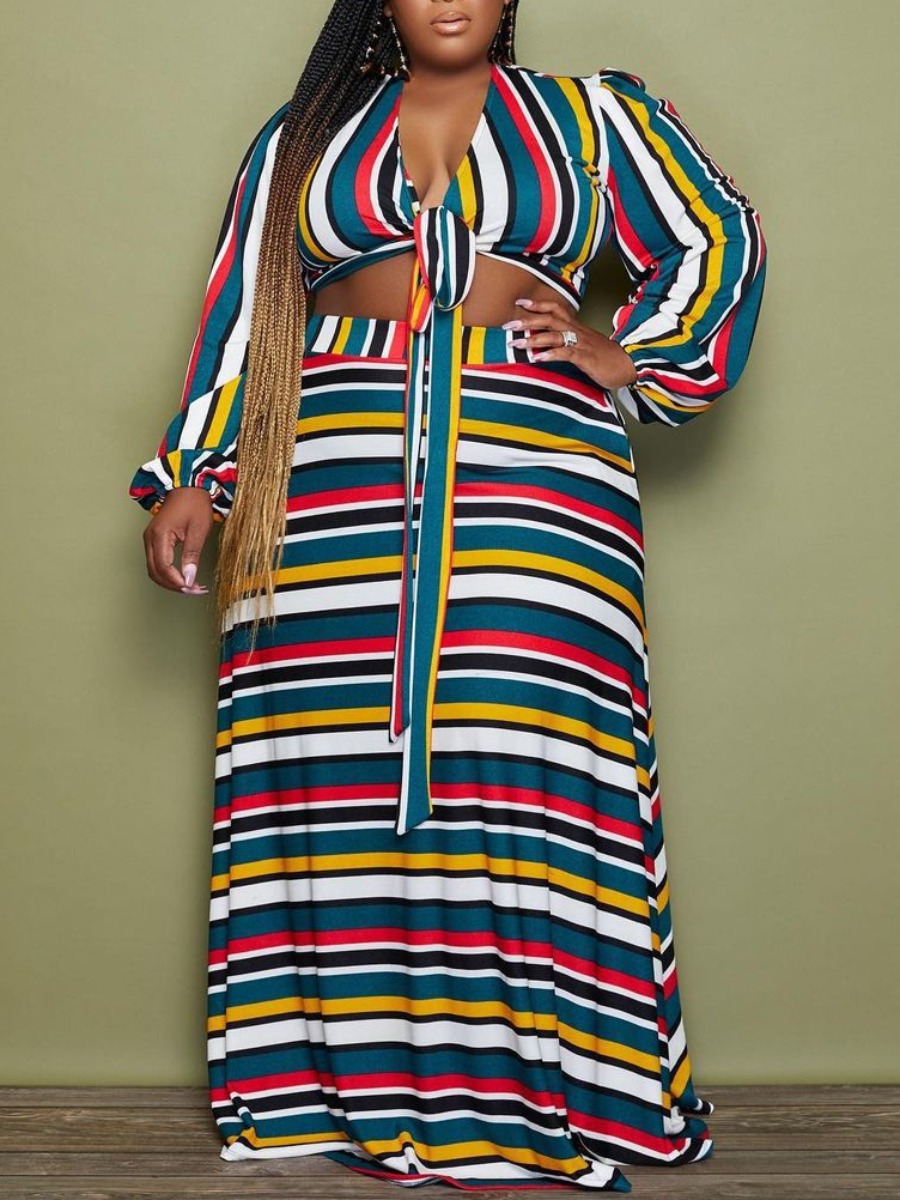 

LW Plus Size Bandage Design Multicolor Striped Skirt Set, Multicolor stripe