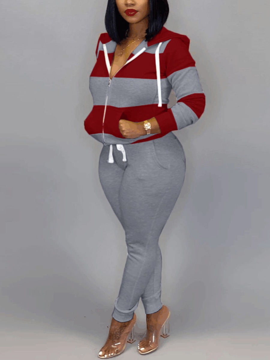 

LW Plus Size Pocket Design Striped Tracksuit Set, Grey