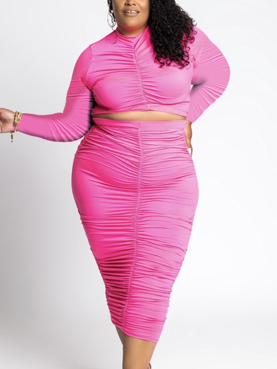 

LW SXY Plus Size Ruched Crop Top Skirt Set, Rose red
