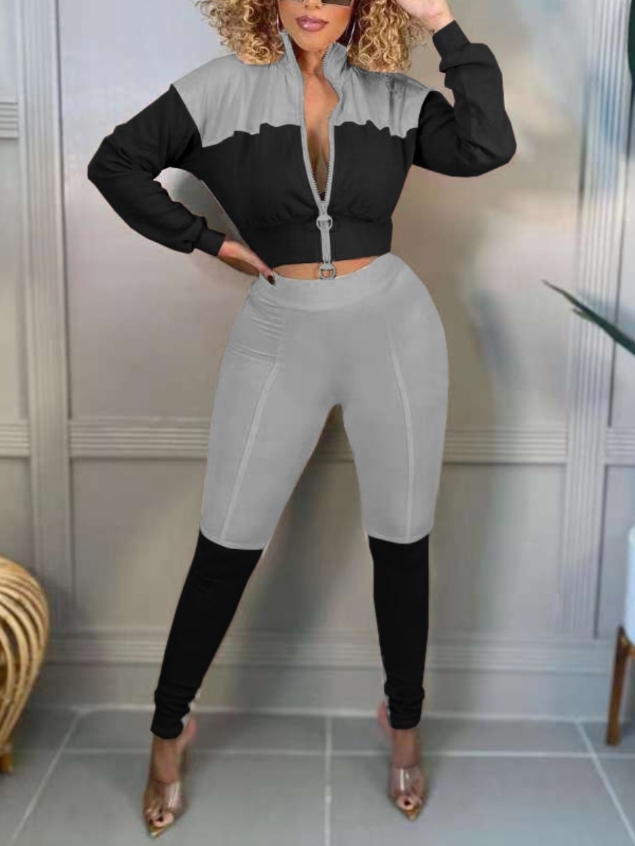 

LW Cotton Sweat Patchwork Zipper Design Tracksuit Set, Black