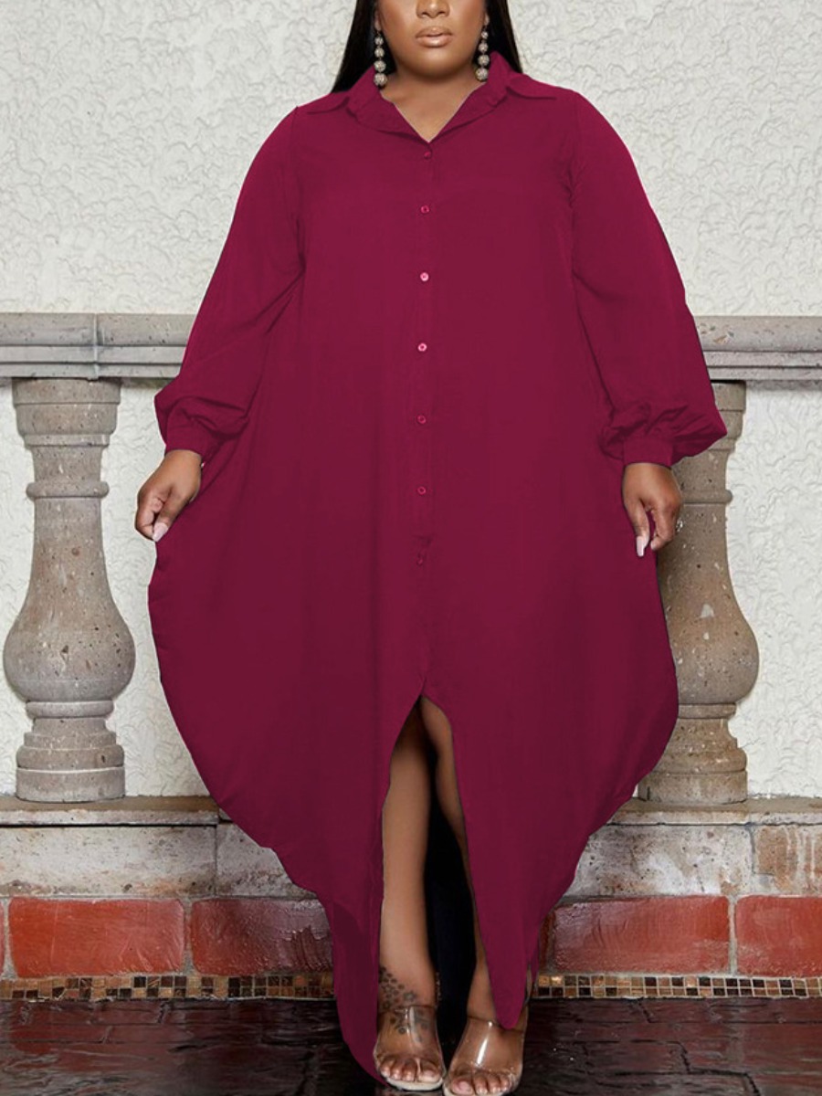 

LW Plus Size Split Solid Shirt Dress, Wine red