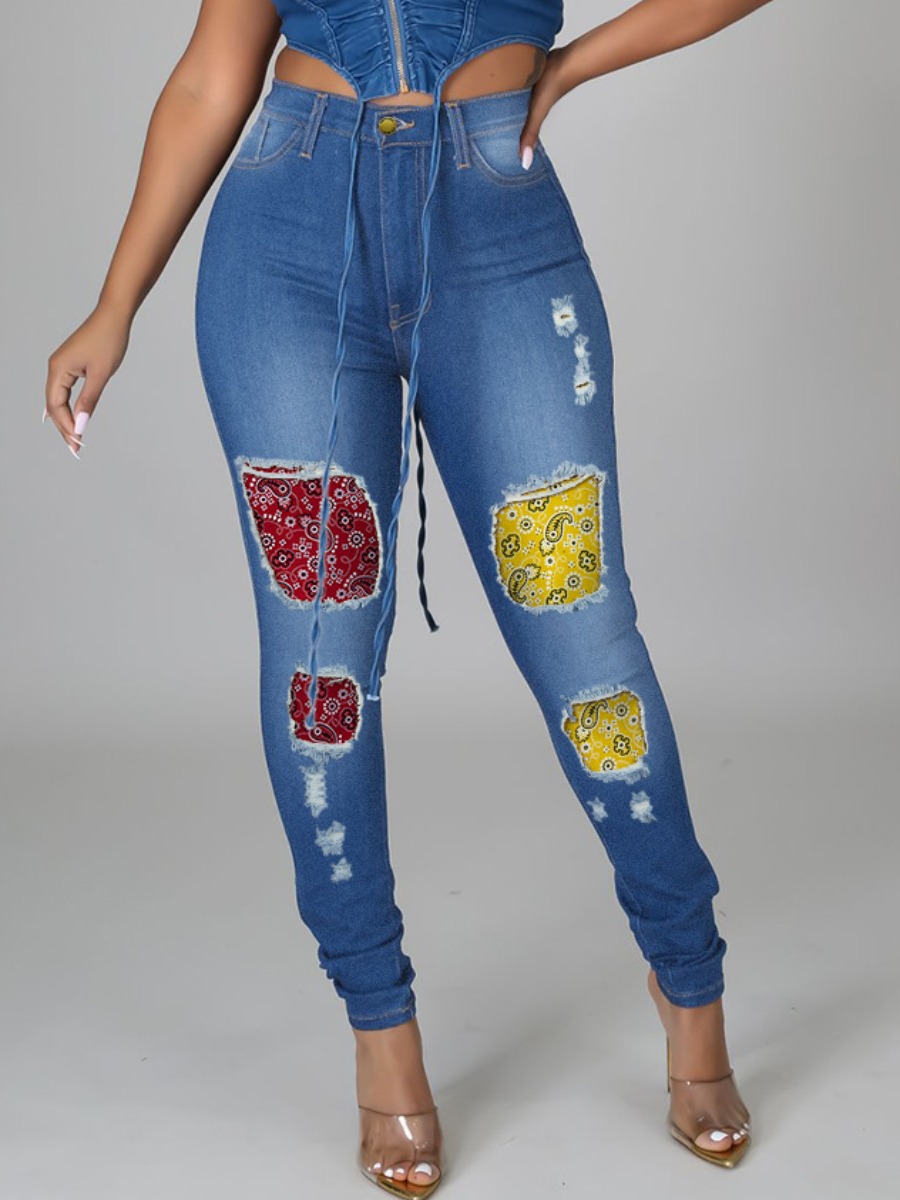 

LW Cashew Print Patch Ripped Jeans, Blue