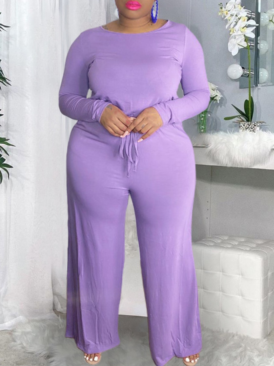 

LW BASICS Plus Size Drawstring Wide Leg Jumpsuit, Purple
