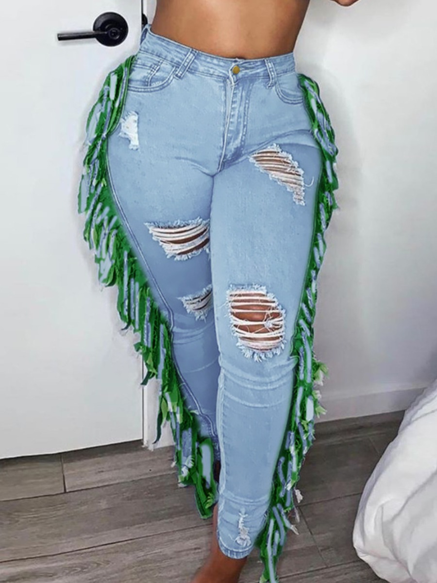 

LW Tassel Design Patchwork Skinny Jeans, Baby blue
