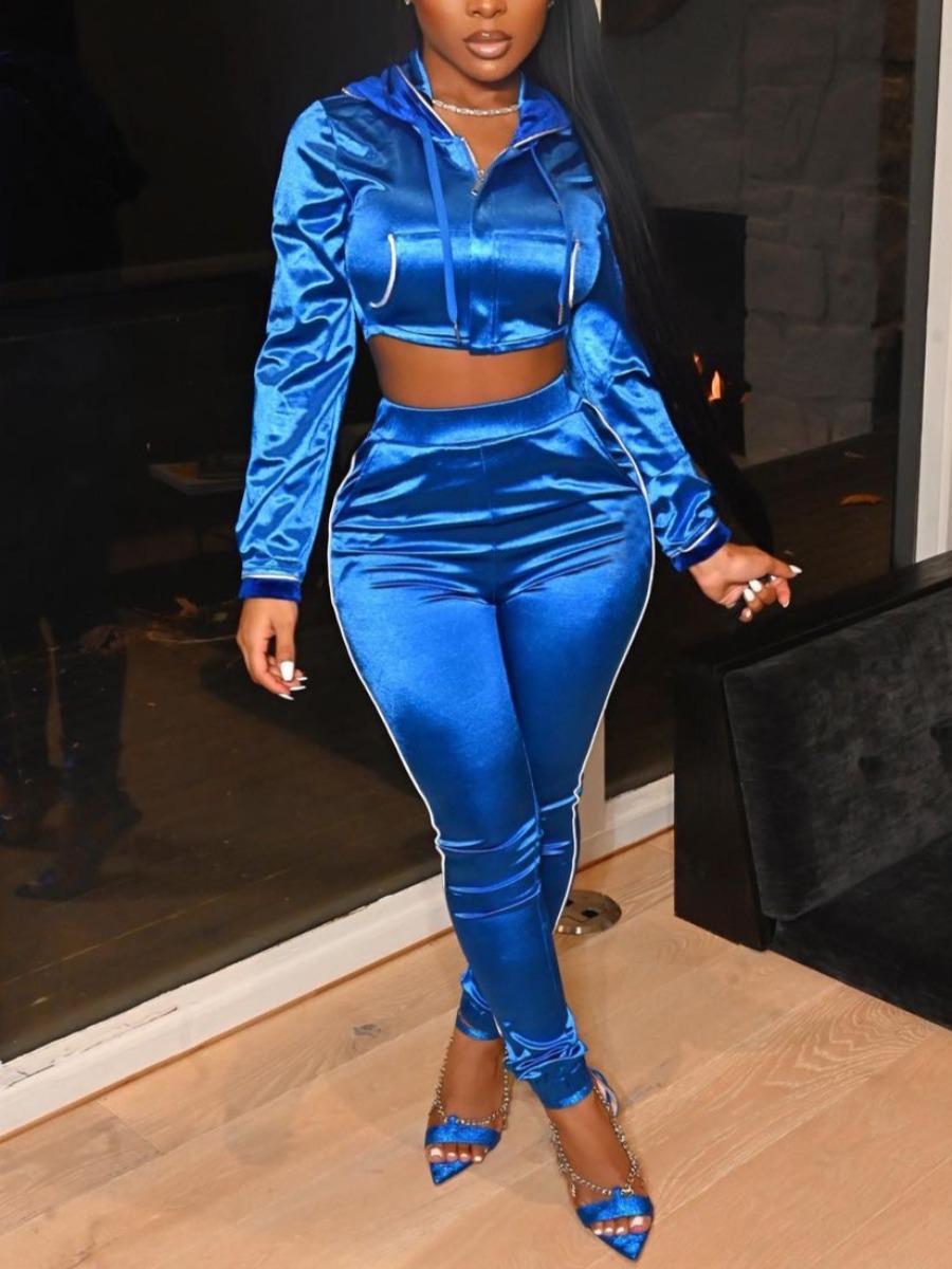 

LW Satin Pocket Zipper Design Crop Pants Set, Baby blue