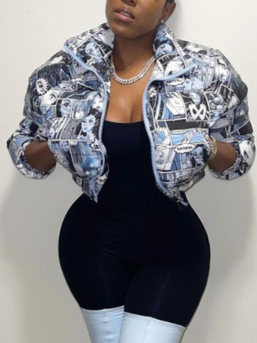 

LW Figure Print Zipper Design Parka, Blue