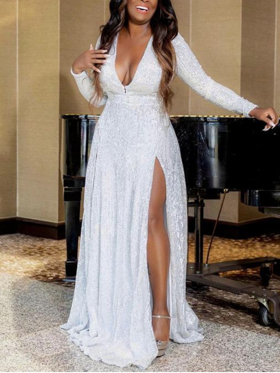 

LW Sequined High Split Bodycon Prom Dress, White