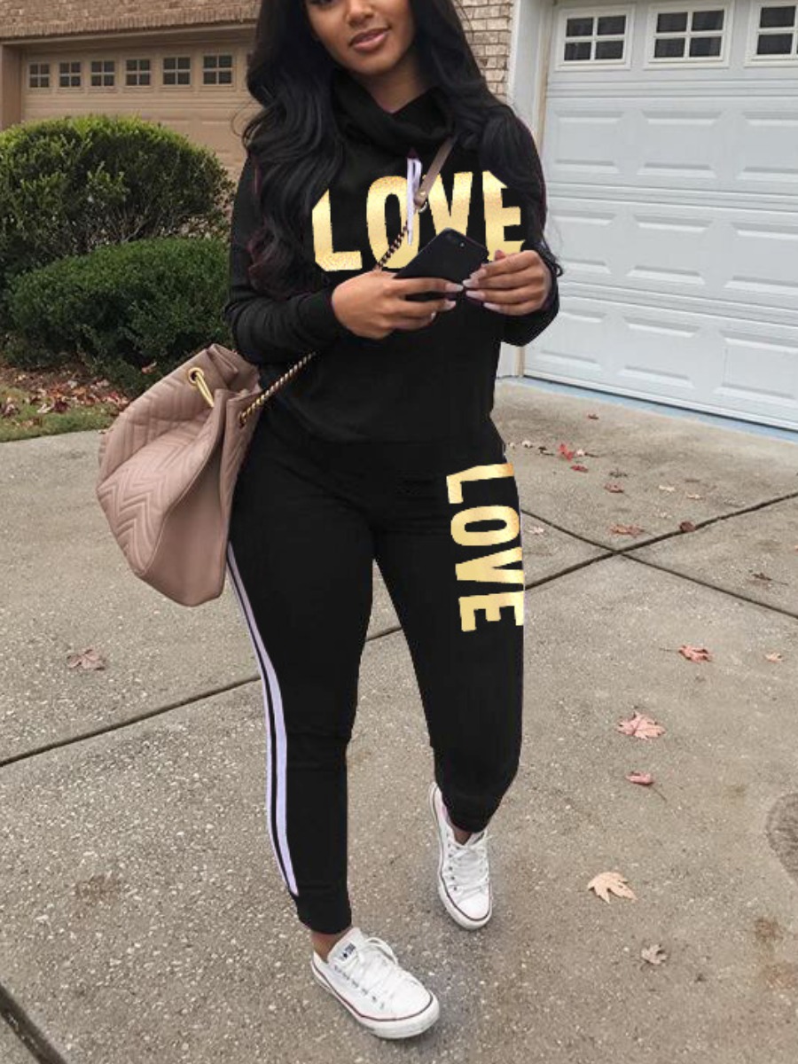 LW Letter Print Striped Tracksuit Set