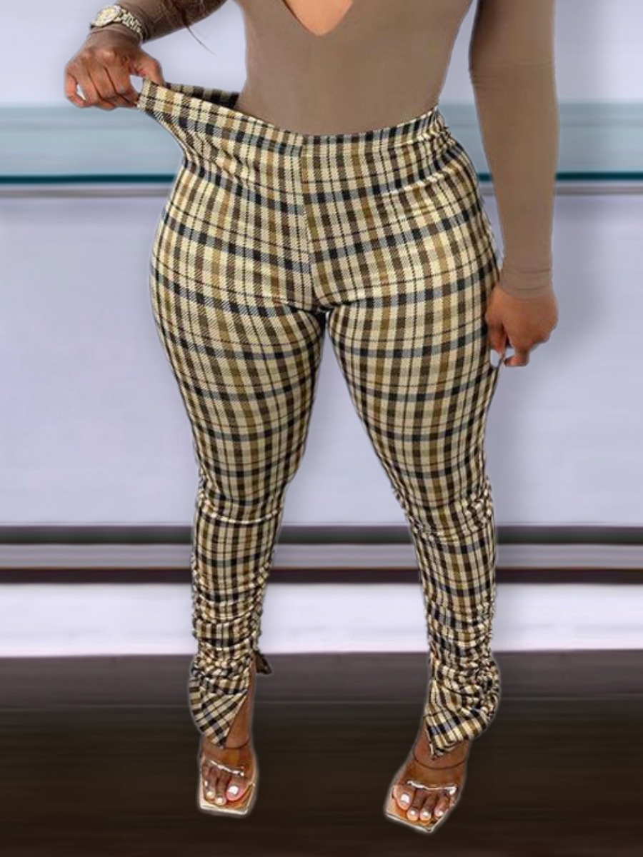 

LW Elastic Waist Plaid Slit Pants, Brown