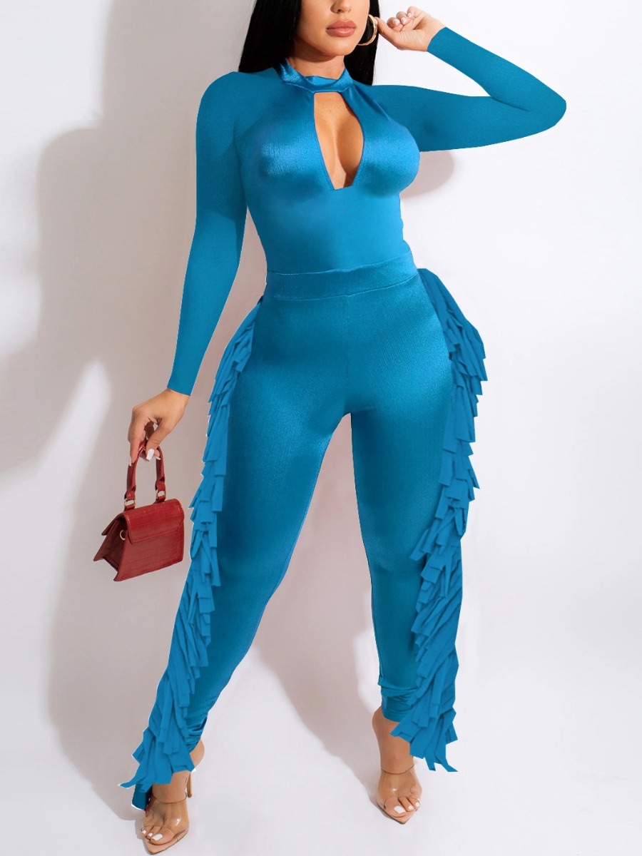 

LW SXY Tassel Design Cut Out Skinny Jumpsuit, Blue