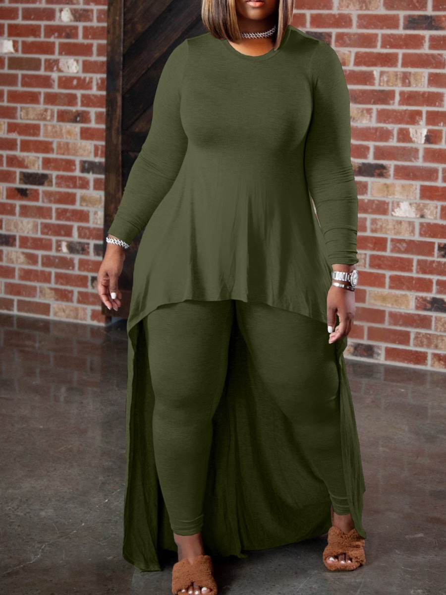 

LW Plus Size Cotton Ruffle Design Asymmetrical Pants Set, Army green