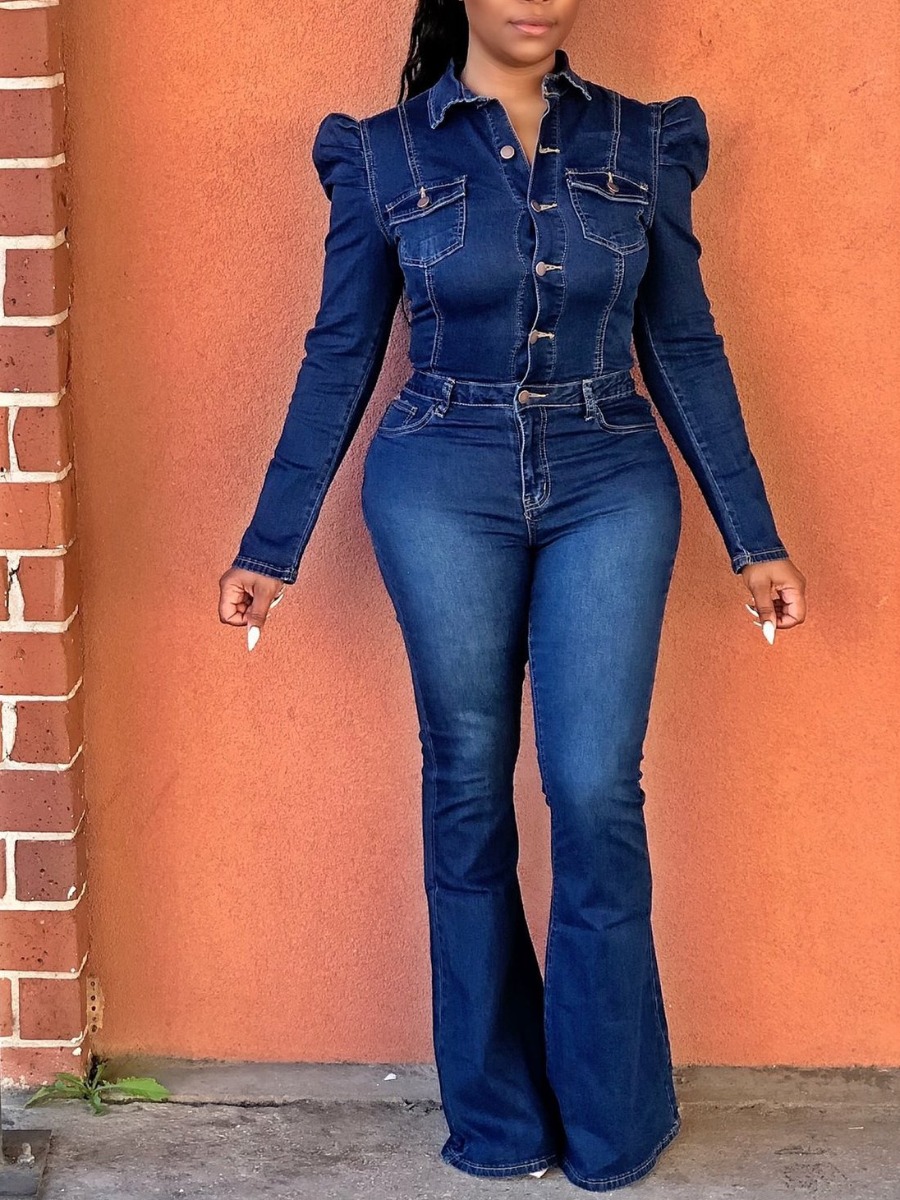 

LW High Stretchy Puff Sleeve Flared Denim Jumpsuit, Deep blue