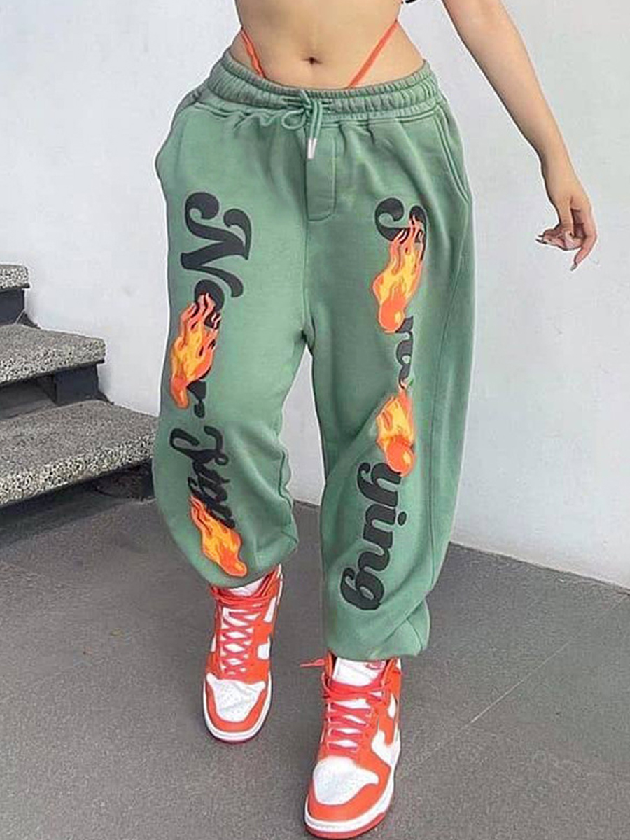 

LW Letter Flame Print Loose Pants, Green