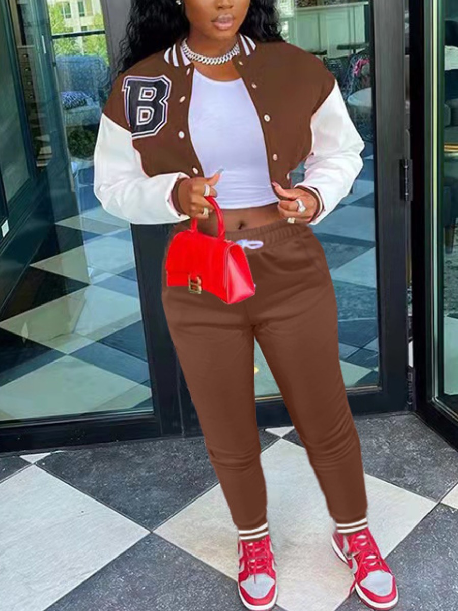

LW Letter Print Striped Patchwork Tracksuit Set, Brown