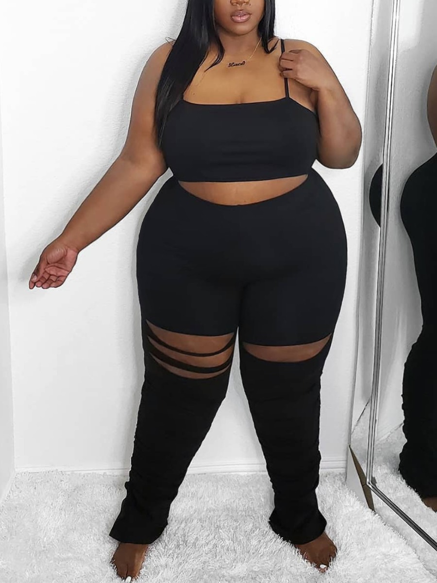 

LW Plus Size U Neck Ripped Pants Set, Black