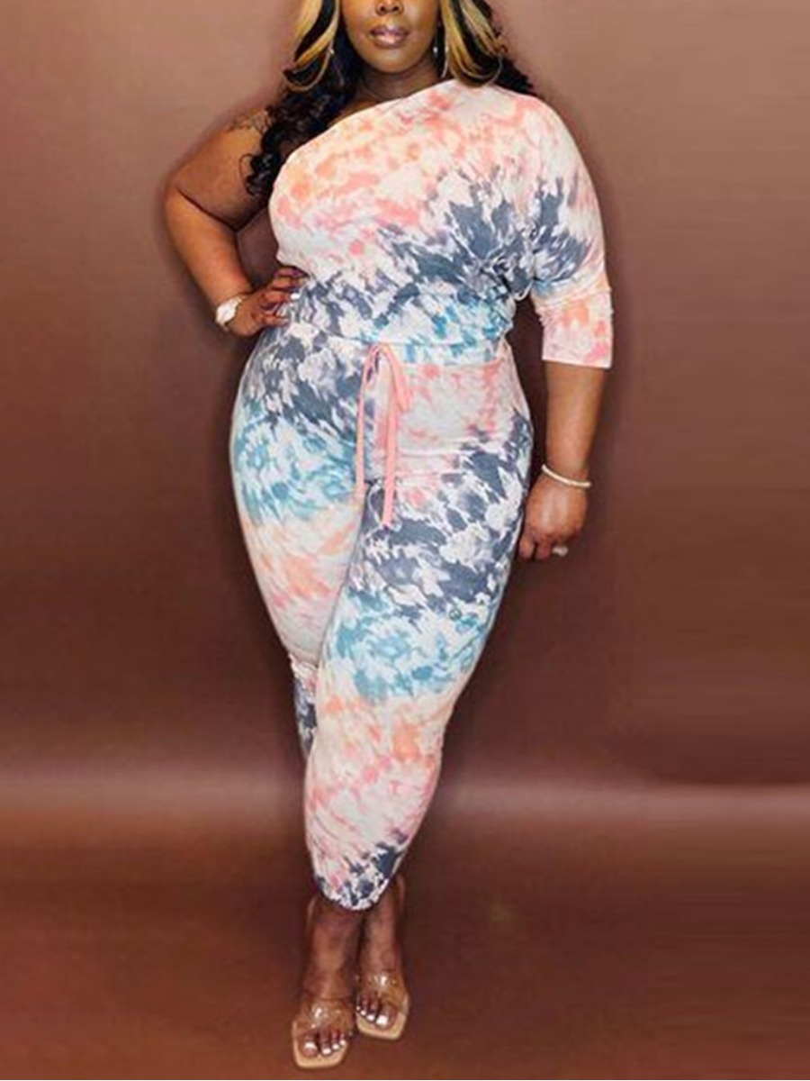

LW Plus Size One Shoulder Tie-dye Pants Set, Light pink