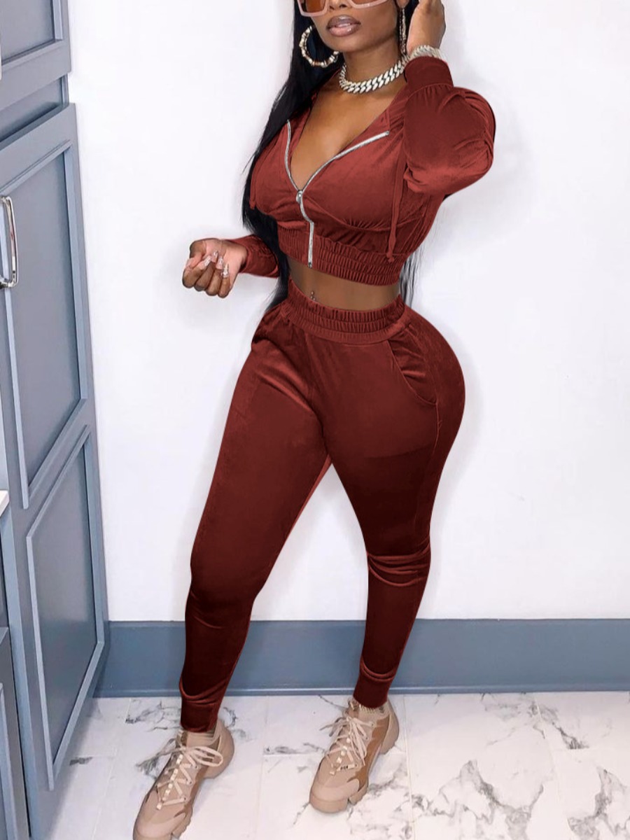 

LW Velvet Zip Up Crop Pants Set, Brown