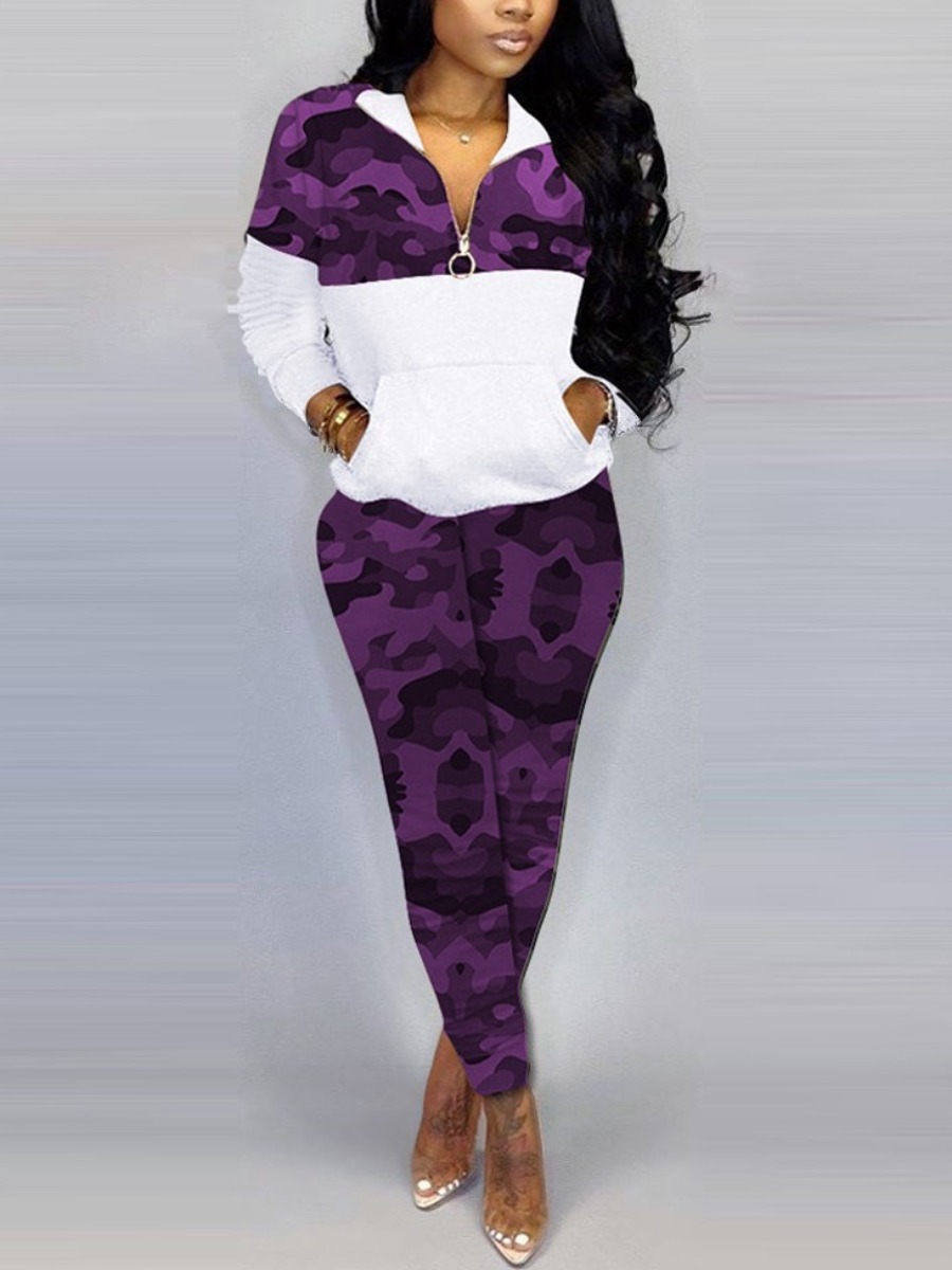 

LW Camo Print Kangaroo Pocket Tracksuit Set, Purple
