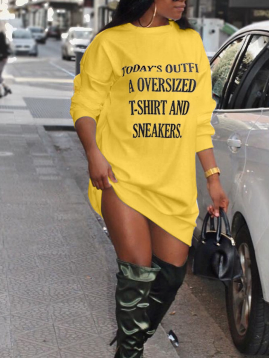 

LW Round Neck Letter Print Sweat Dress, Yellow