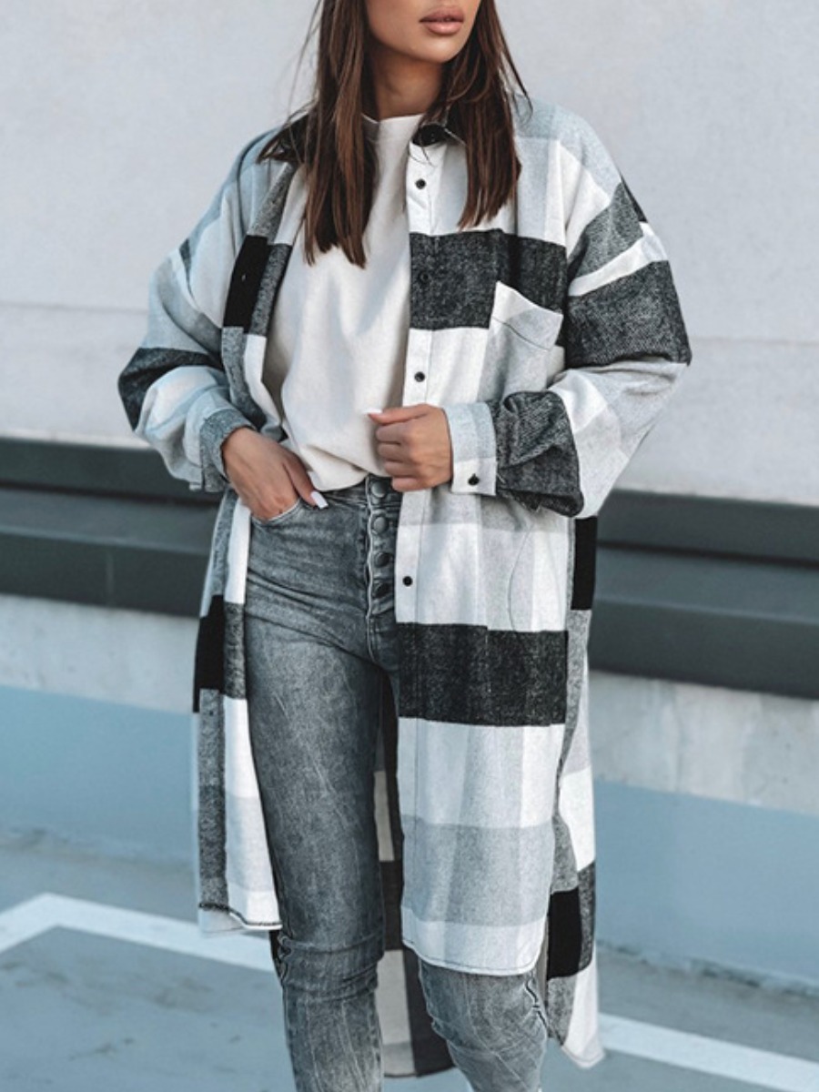 

LW Plaid Print Loose Trench Coat, Grey