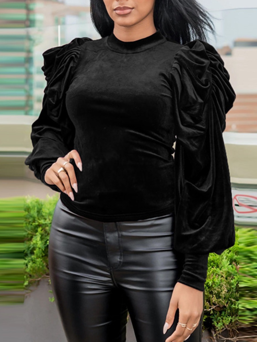 

LW Velvet Round Neck Puff Sleeve T-shirt, Black
