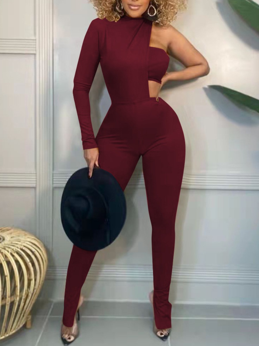 

LW One Shoulder Rib-Knit Three Piece Pants Set, Wine red