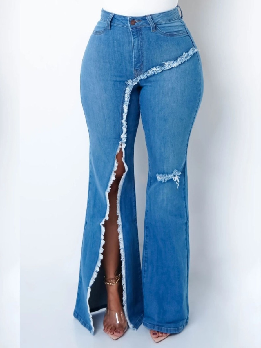 

LW High Stretchy High Split Solid Raw Edge Jeans, Blue
