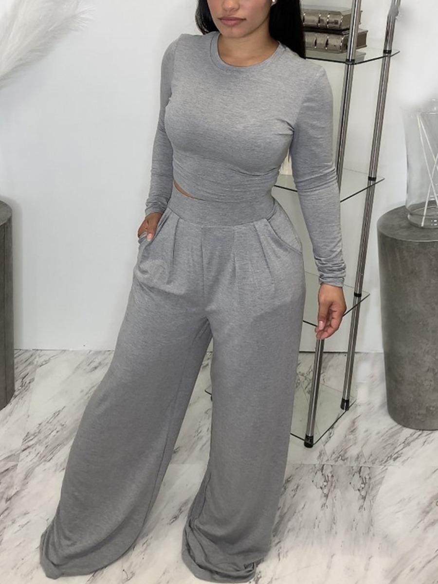 

LW Round Neck Wide Leg Pants Set, Grey