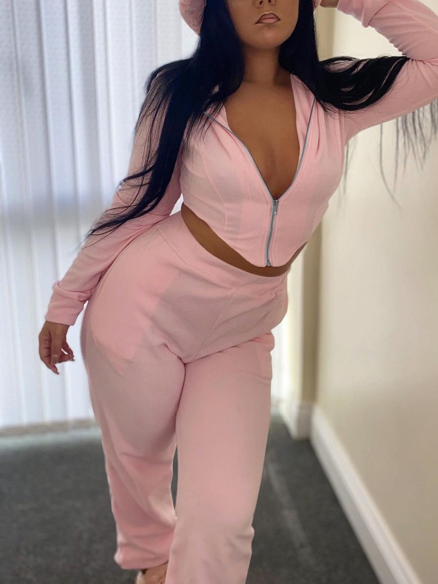 

LW Zip Up Pocket Design Crop Pants Set, Pink