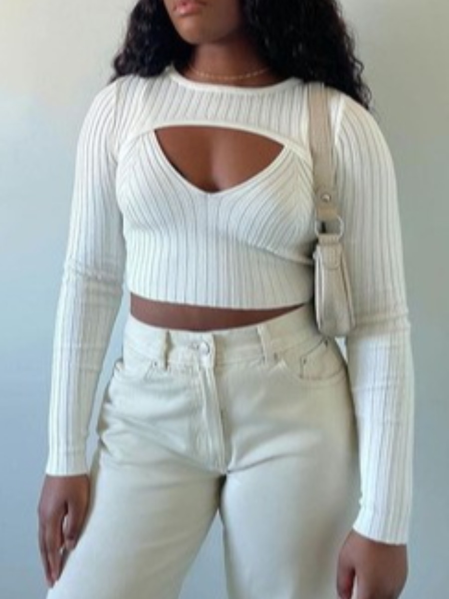 

LW SXY Rib-Knit Crop Top Solid Skinny T-shirt (With Pullover), White