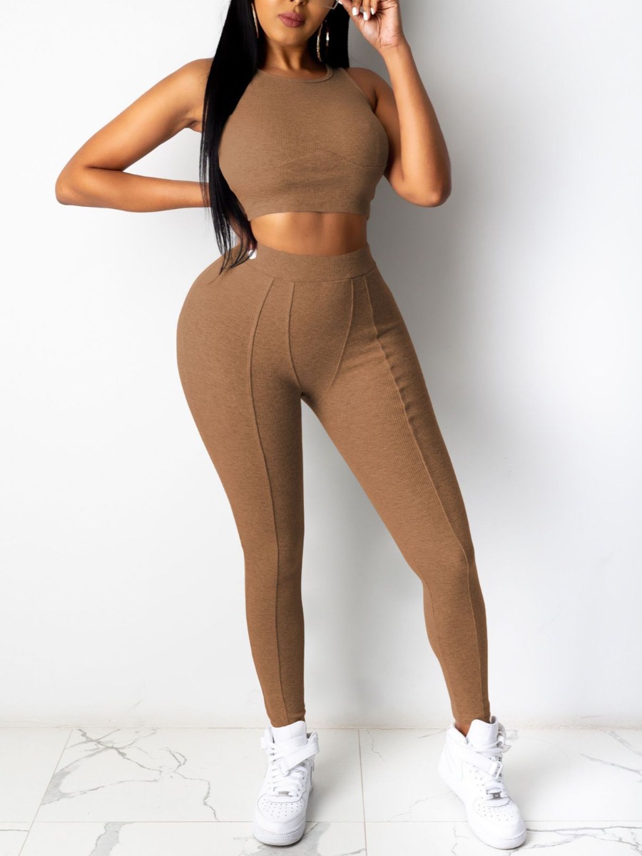 

LW BASICS Round Neck Skinny Yoga Pants Set, Khaki