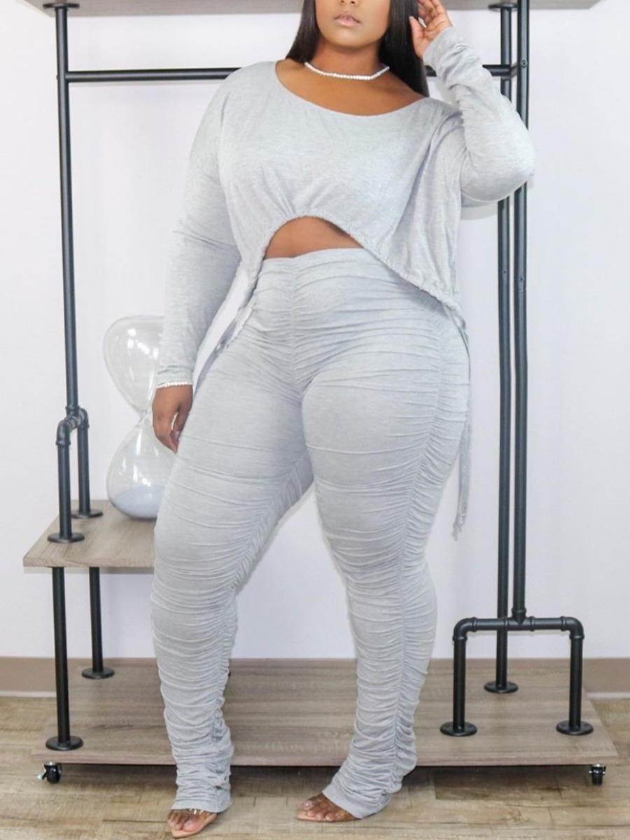 

LW Plus Size Drawstring Ruched Stacked Pants Set, Grey