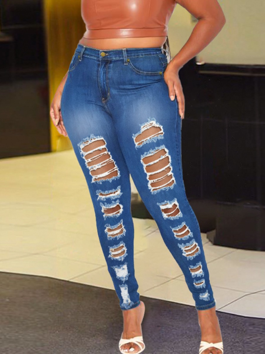 

LW High Waist Ripped Skinny Jeans, Deep blue