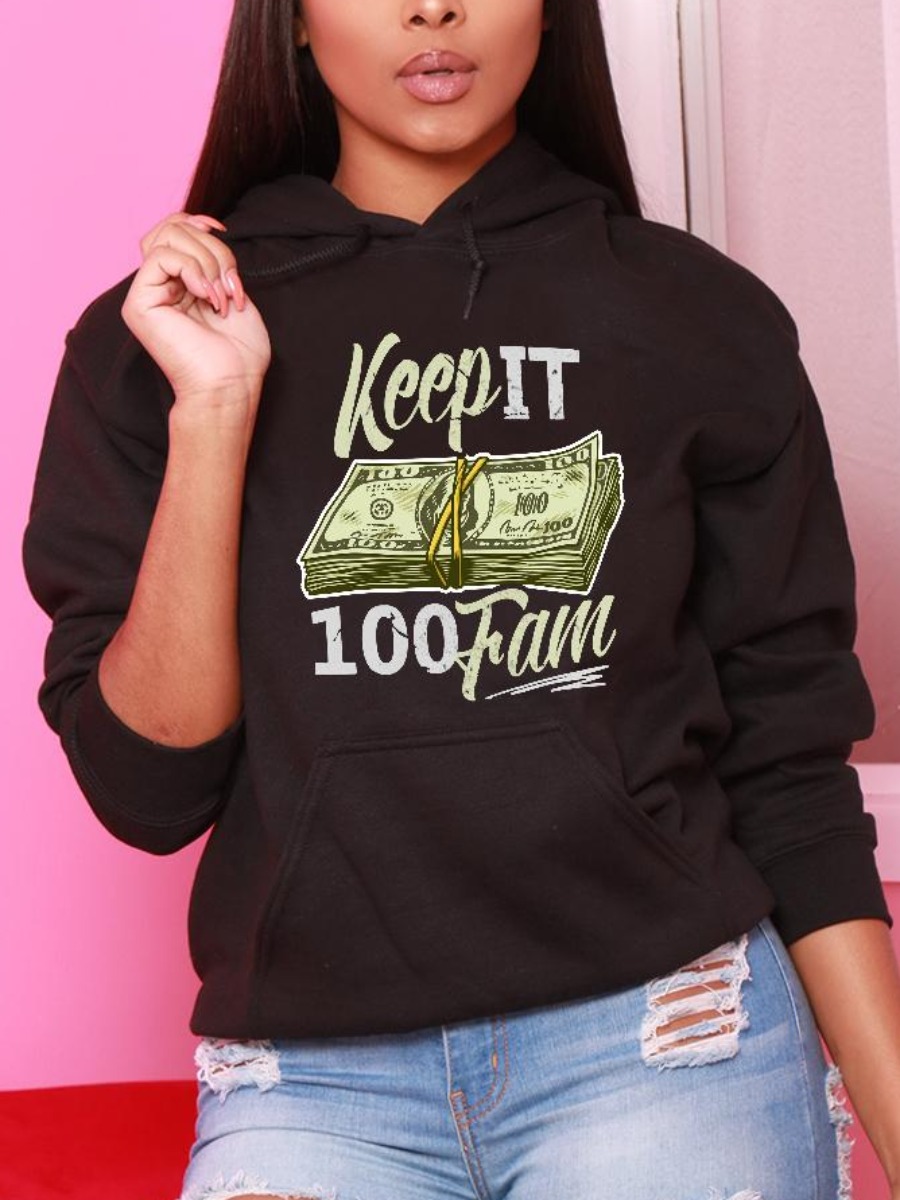 

LW Letter Money Print Pocket Design Hoodie, Black