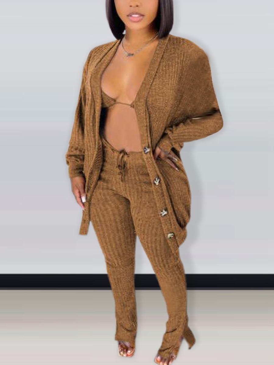 

LW Button Design Rib Knit Three-piece Pants Set, Brown