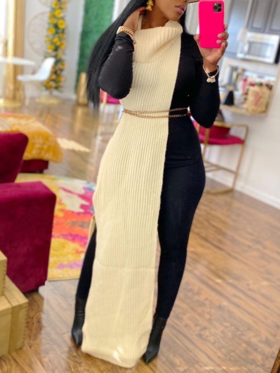 

LW SXY Rib-Knit High Split Sweater Dress, Apricot